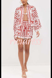 Like Paradise Floral Print Wide Sleeve Shirt and Elastic Waist Pocketed Shorts Set