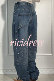 Fashionable Rhinestone Mid-rise Loose Pocket Straight Jeans