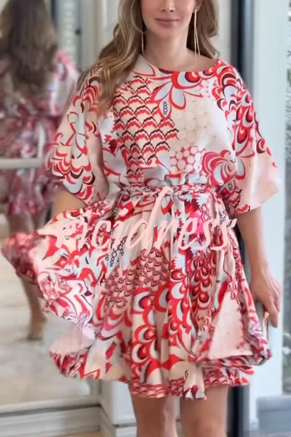 Unique Printed Round Neck Short Sleeve Waist Tie Vacation Mini Dress