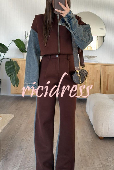 Sports Fashion Denim Patchwork Sweatshirt Fabric High Rise Pocket Loose Pants