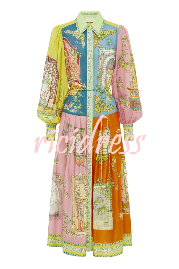 Unique Print Lapel Lantern Sleeve Single Breasted Tie Waist Midi Dress