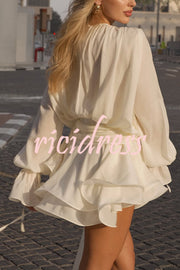 Solid Color Long Sleeve V-Neck Lace-Up Elegant Flower Decorated Mini Dress