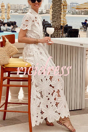 Dubai Style Floral Crochet Lace Short Sleeve Tie-up Shirt Maxi Dress