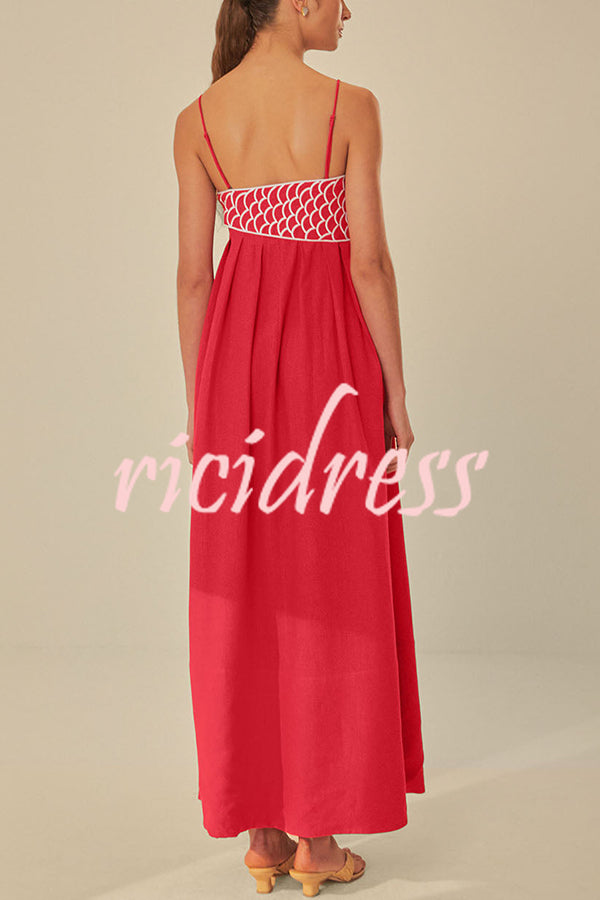 Red Fish Embroidered Sling Backless Maxi Dress