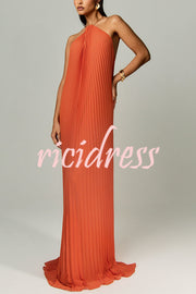 Coralie Pleated Metal Ring Halter Backless Loose Maxi Dress