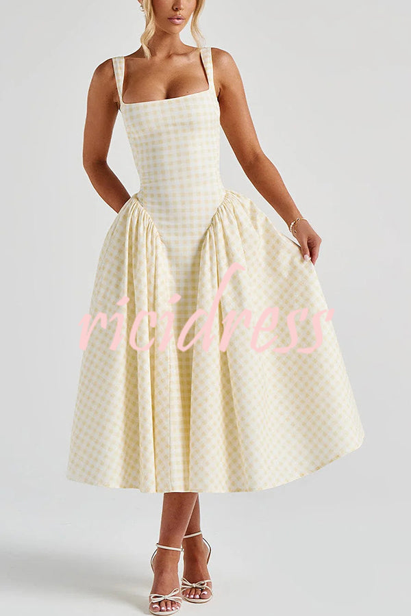 Playful Elf Gingham Square Neck Back Smocked Lace-up Midi Dress