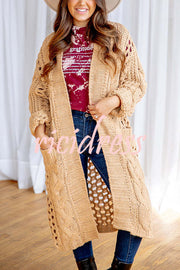 Jamila Knit Cable Cotout Long Sleeve Pocket Oversized Midi Cardigan