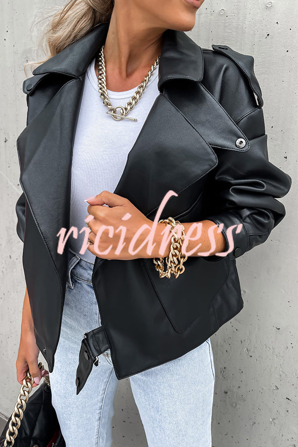 Stylish Leather Lapel Pocket British Style Cropped Jacket