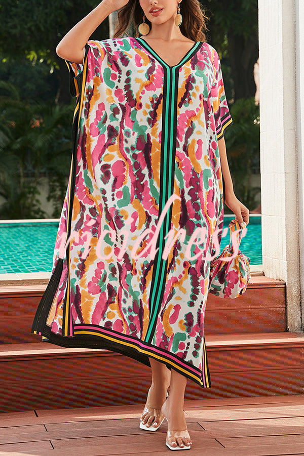 Unique Tie-dye Print V-neck Loose Holiday Cover-up Maxi Dress