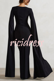 Elegant Goddess Square Neck Twisted Cape Sleeve Slit Maxi Dress