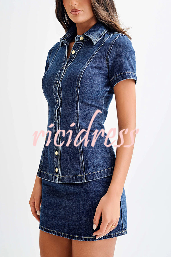 Modern Flavor Denim Short Sleeve Button Up Princess Seams Stretch Top