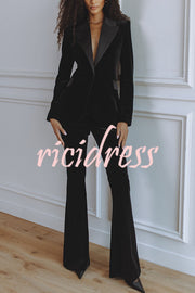 Delicate Daze Velvet Satin Lapel Button Up Long Sleeve Tapered Waist Blazer