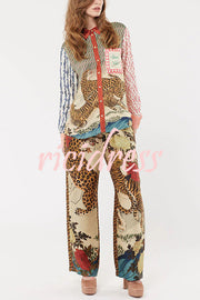 Tropical Jungle Tiger Unique Print Long Sleeve Loose Shirt and Elastic Waist Pants Set