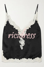 Celebration Look Contrast Color Satin Lace Trim V-Neck Slip Tank