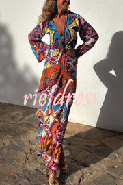 Colorful Day Unique Print Bell Sleeve Cutout Waist Layered Maxi Dress