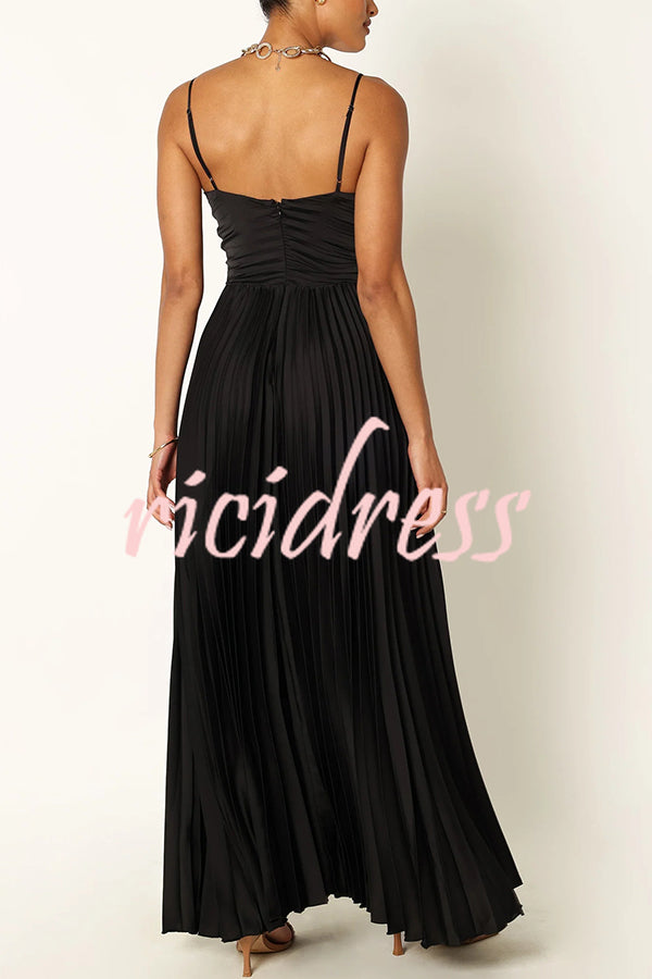 Catch The Light Satin Pleated V-neck Slip Maxi Dress