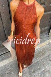 Fashion Sleeveless Halter Neck Elegant Tassel Slim Maxi Dress