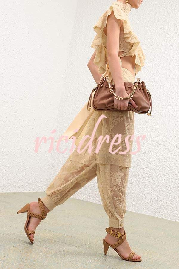 Ellie Lace Gathered Waist Pocket Button Ankle Cuffs Harem Pant