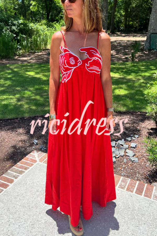 Red Fish Embroidered Sling Backless Maxi Dress