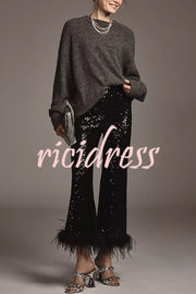 New Year Eve Sequin Feather Trim High Rise Back Zipper Flare Pants