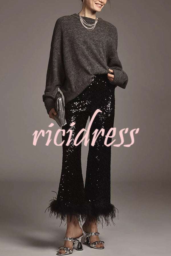 New Year Eve Sequin Feather Trim High Rise Back Zipper Flare Pants