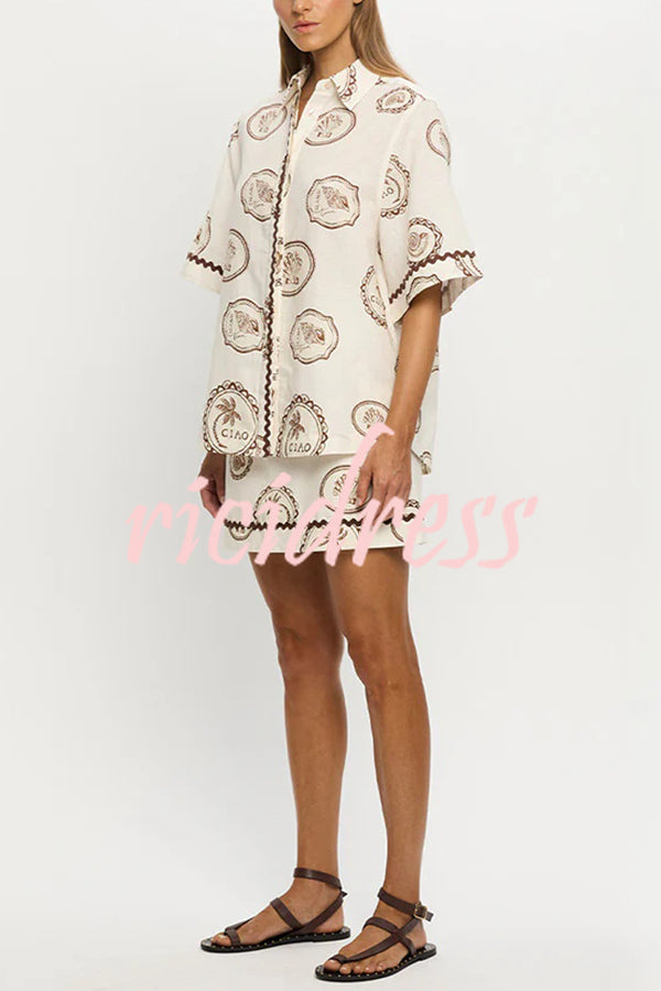 Resort Style Print Lapel Short Sleeve Shirt and Casual Mini Skirt Set