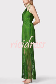 Sexy Halterneck Open Back Elegant Tassel Slim Maxi Dress