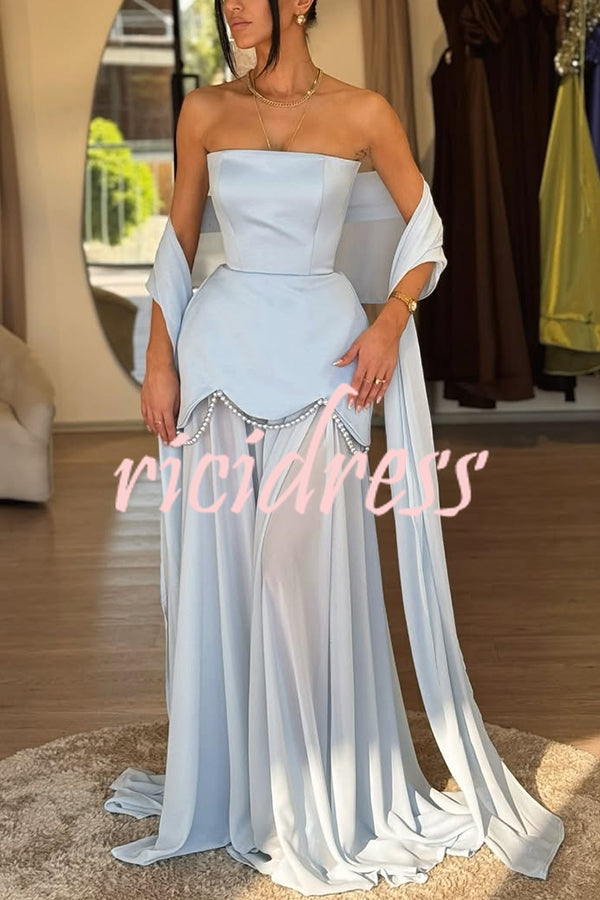 Jiya Satin Petal Hem Pearl Detail Chiffon Cape Strapless Maxi Dress