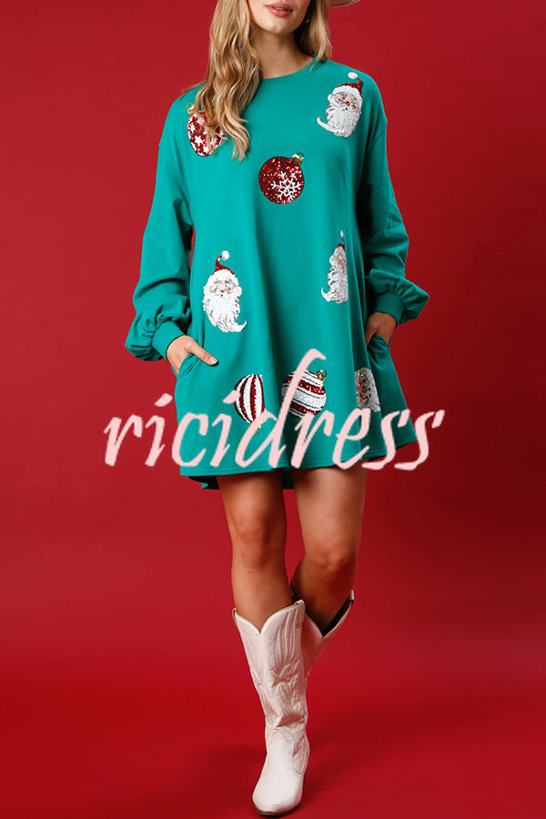 Santa Sequin Pullover Long Sleeve Pocket Mini Dress
