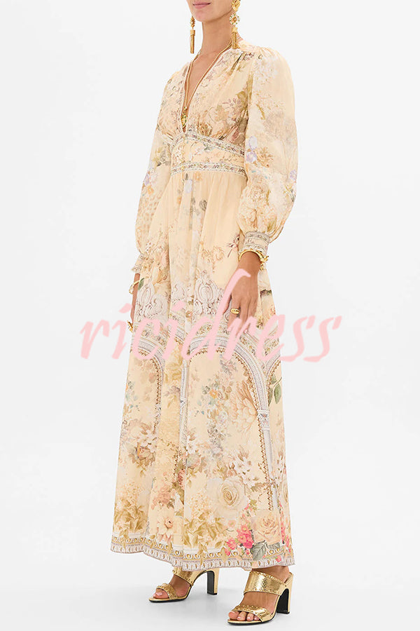 Fairy Tale Print V-Neck Lantern Sleeve Waist Maxi Dress