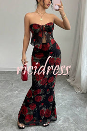 Floral Print Sexy Bandeau Lace-up Top and Slim Mesh Stretch Maxi Skirt Set