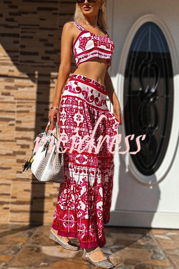 Unique Printed Sexy Sling Tank and Elastic Waist Large Hem Maxi Skirt Set