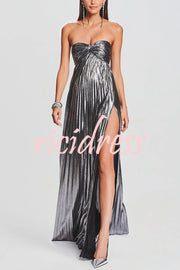 Metallic Sexy Tube Top Pleated High Slit Maxi Dress