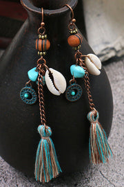 Vintage Wooden Bead Handmade Shell Tassel Earrings