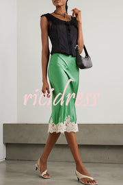 Celebration Look Contrast Color Satin Lace Trim Elastic Waist Drape Midi Skirt