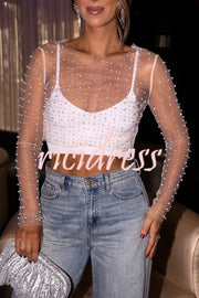 Party Princess Mesh Pearls and Rhinestones Detail Long Sleeve Sheer Top