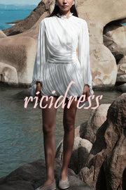 Solid Color Round Neck Lantern Long Sleeve Pleated Casual Mini Dress