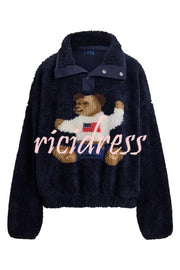 American Retro Polo Bear Pattern Stand Button Neck Long Sleeve Fleece Pullover