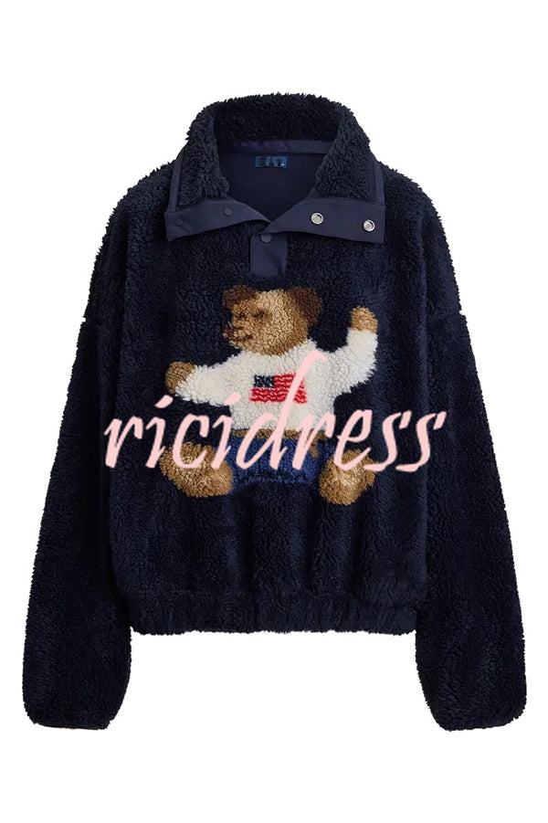 American Retro Polo Bear Pattern Stand Button Neck Long Sleeve Fleece Pullover