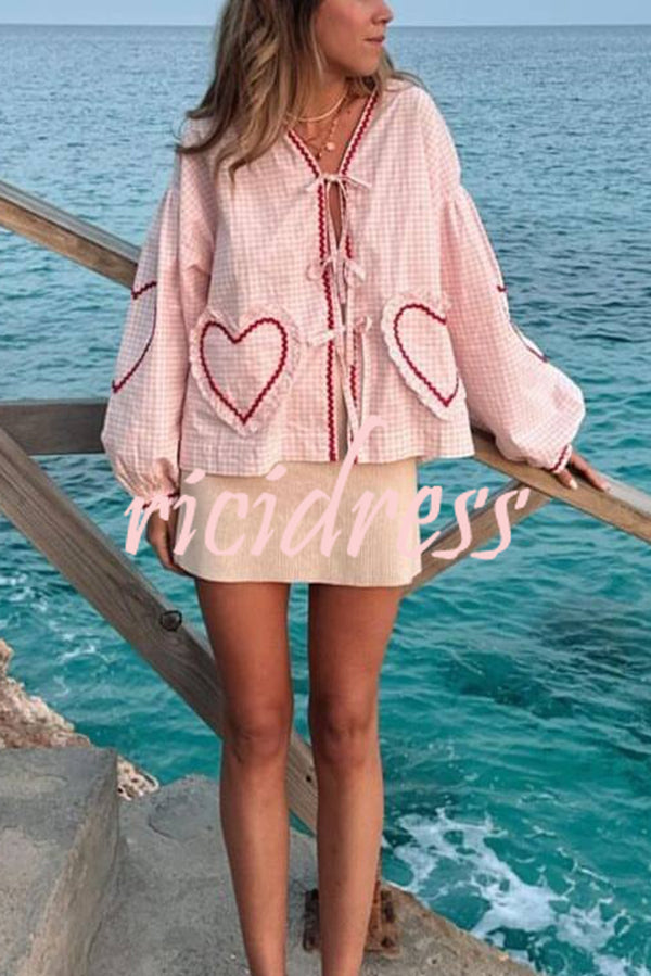 Lovely Plaid Heart Pattern Casual Lace-up Pocket Loose Shirt