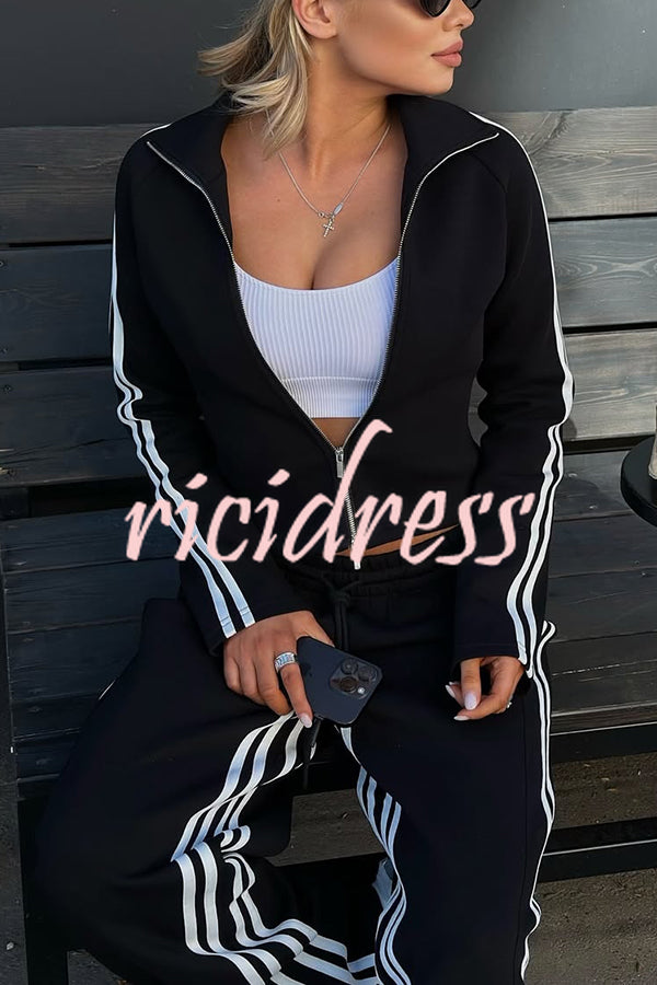 Fashionable Sports Style Striped Long-sleeved Jacket and Elastic Waist Casual Pants Set