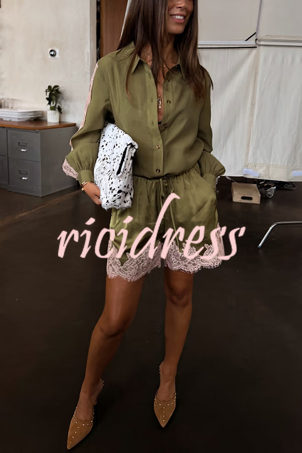 Eye-catching Work Contrast Color Satin Lace Trim Elastic Waist Pocket Shorts