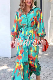 Multicolor Printed Lapel Balloon Sleeves Tie-waist Maxi Dress