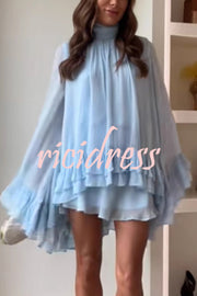 Solid Color Chiffon Trumpet Sleeve Loose Mini Dress