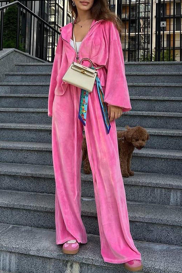 Velvet Zip Up Hooded Top and Drawstring Pants Two Piece Set