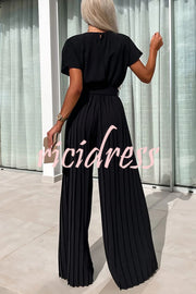Ivy Cowl Neck Short Sleeve Belt Pleated Loose Wide Leg Jumpsuit