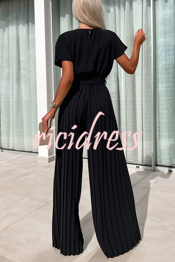 Ivy Cowl Neck Short Sleeve Belt Pleated Loose Wide Leg Jumpsuit