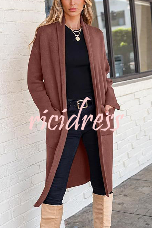 Solid Color Long-sleeved Casual Loose Pocket Mid-length Cardigan