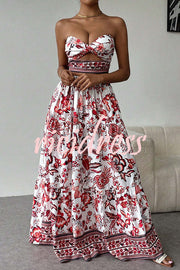 Floral Print Cutout Bandeau Top and Elastic Waist Full Maxi Skirt Set