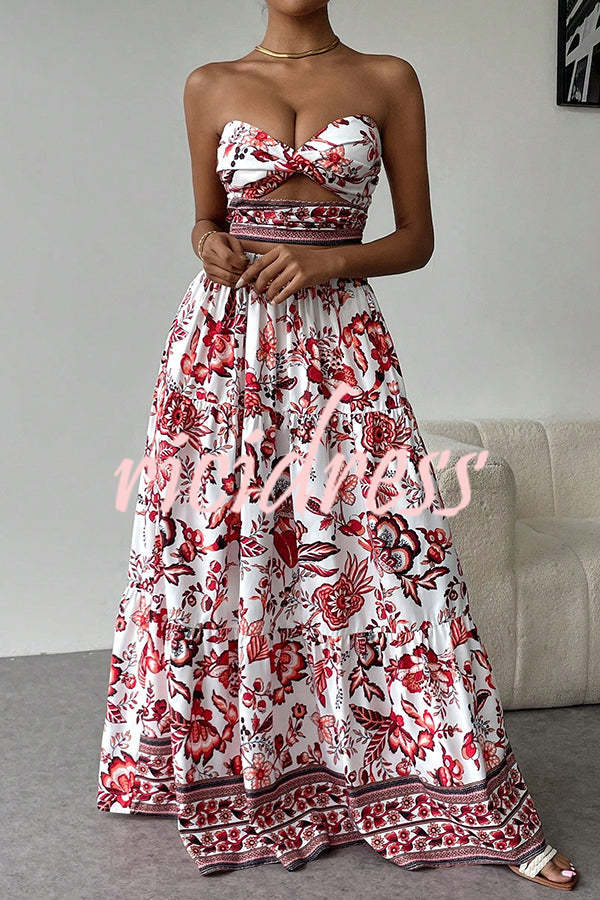 Floral Print Cutout Bandeau Top and Elastic Waist Full Maxi Skirt Set